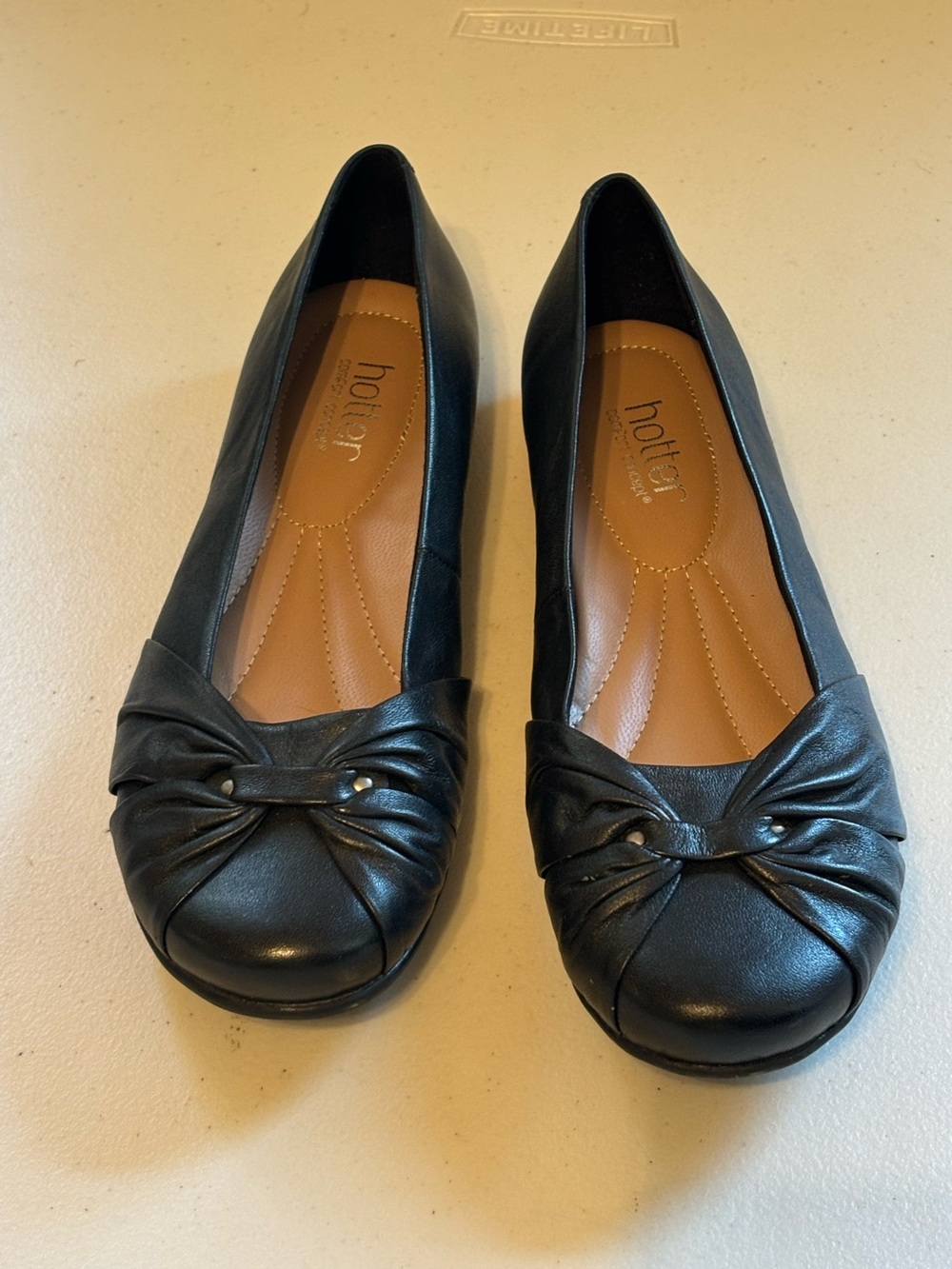 hotter Black Leather Knot-Front Slip-On Flats